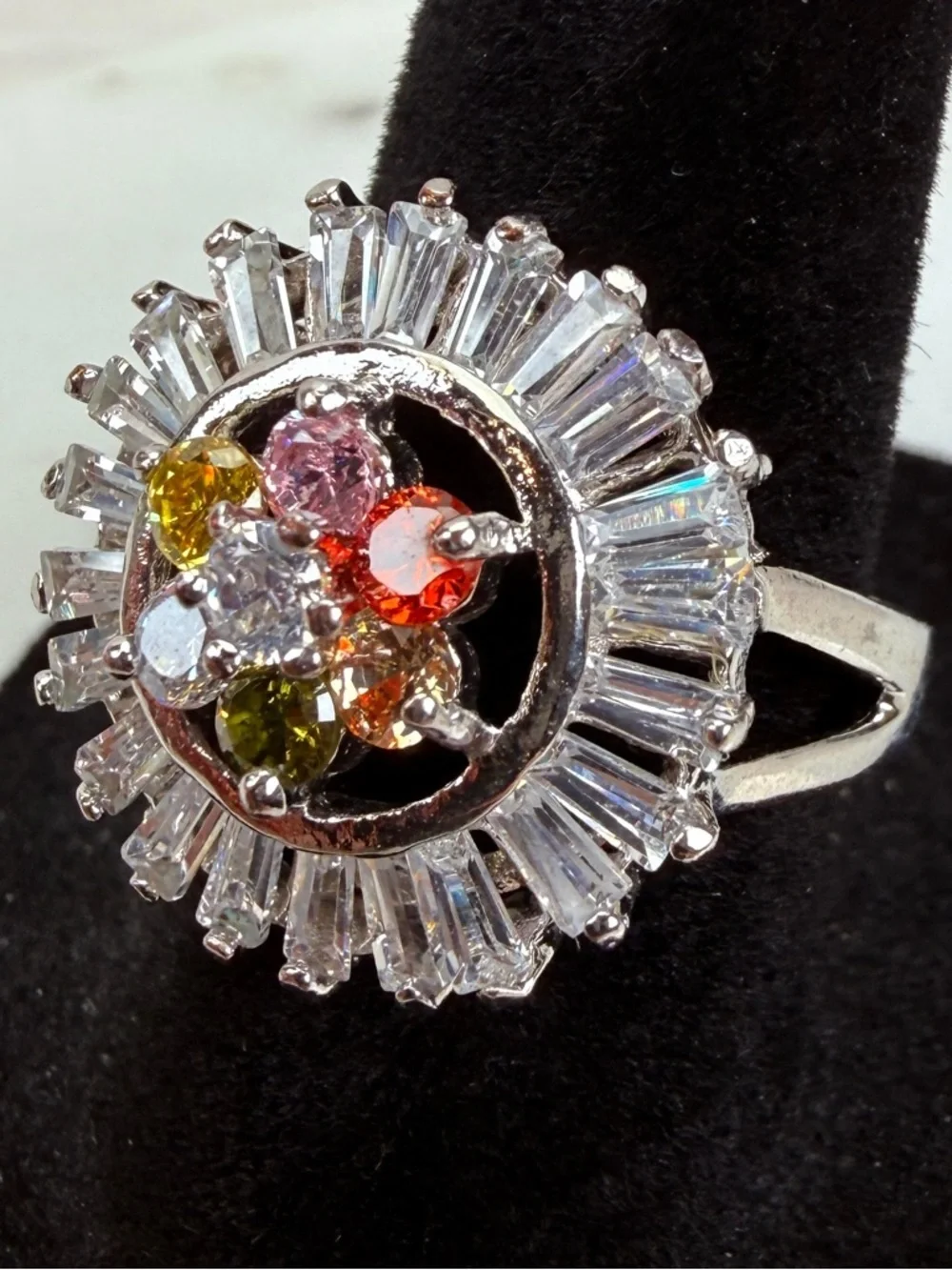 Pretty silvertone, multi colored bling size 6 3/4 statement ring